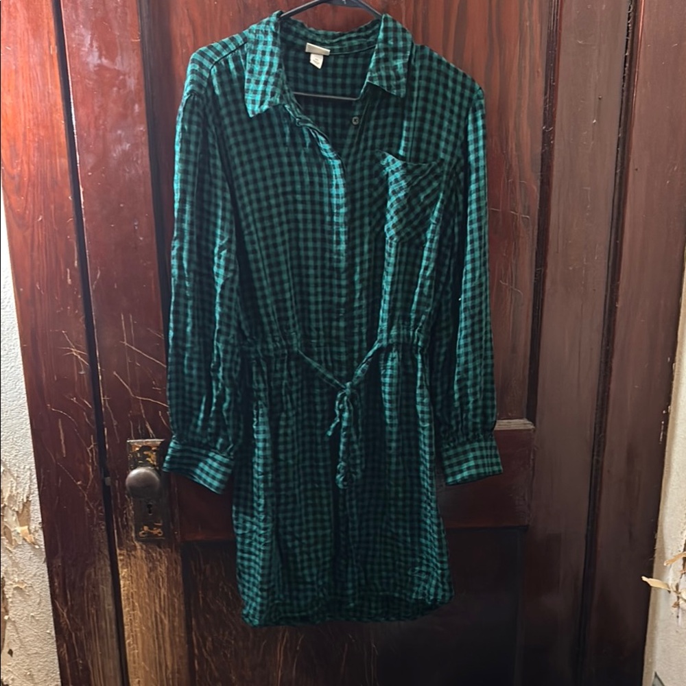 Green Plaid Long-Sleeve Dress